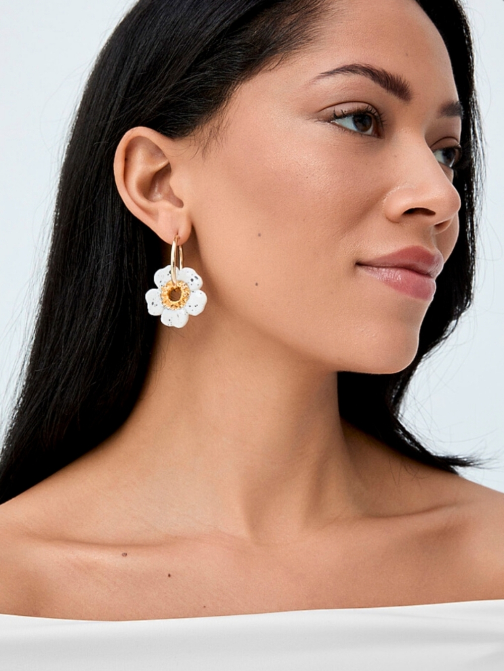 LiliandTrotro Gold Hoop Earrings with White Porcelain Flowers